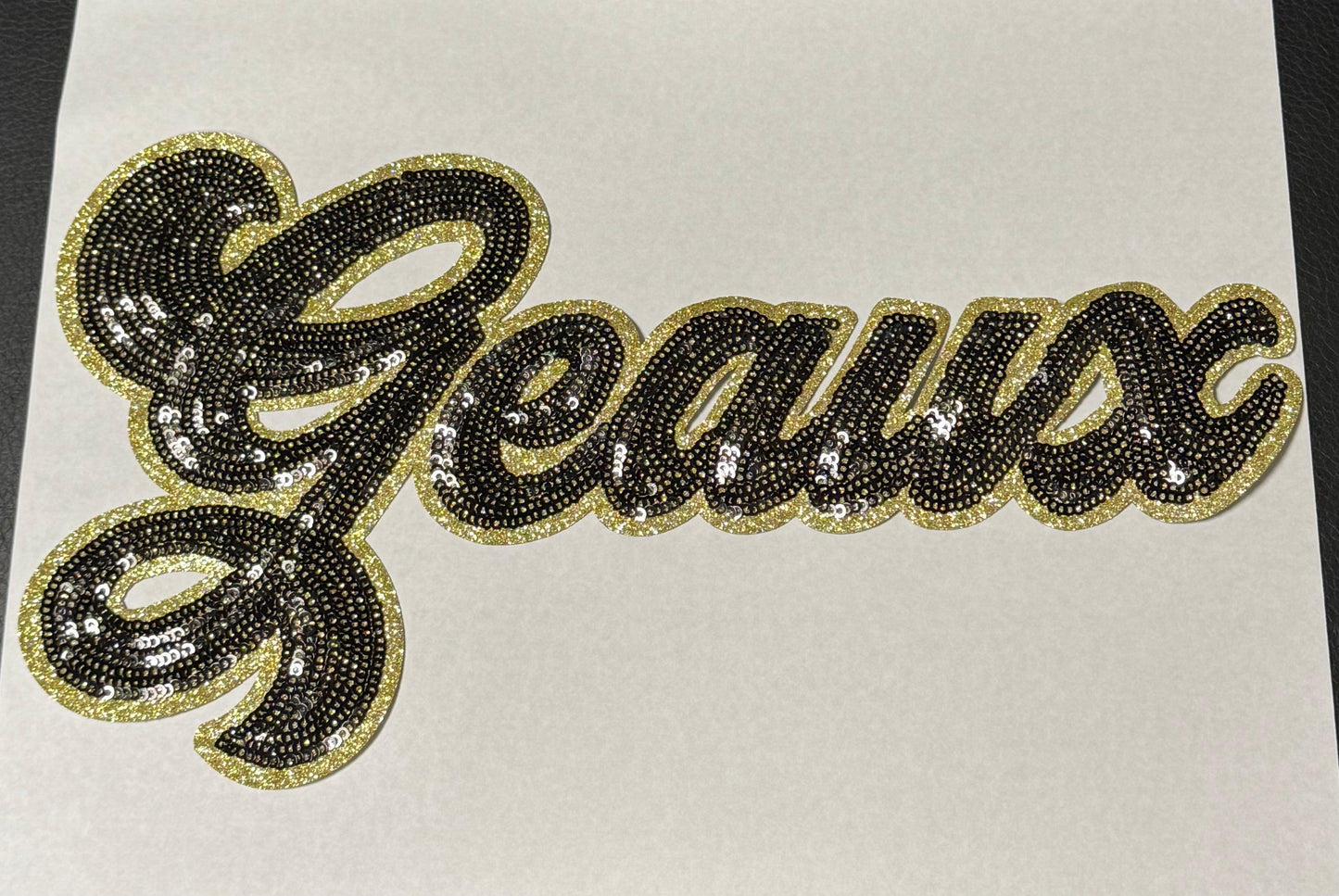 Black Sequin Script Geaux Patch: Gold Glitter Iron on Applique