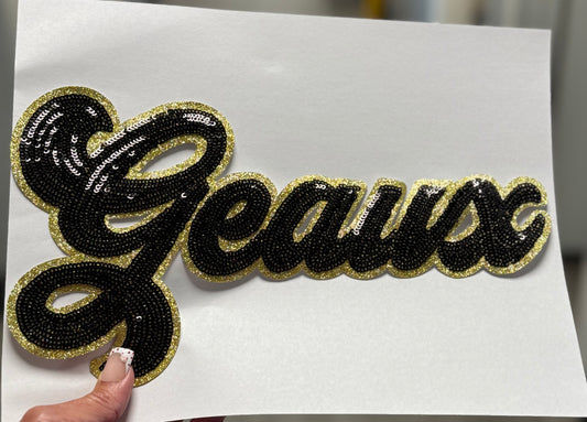Black Sequin Script Geaux Patch: Gold Glitter Iron on Applique