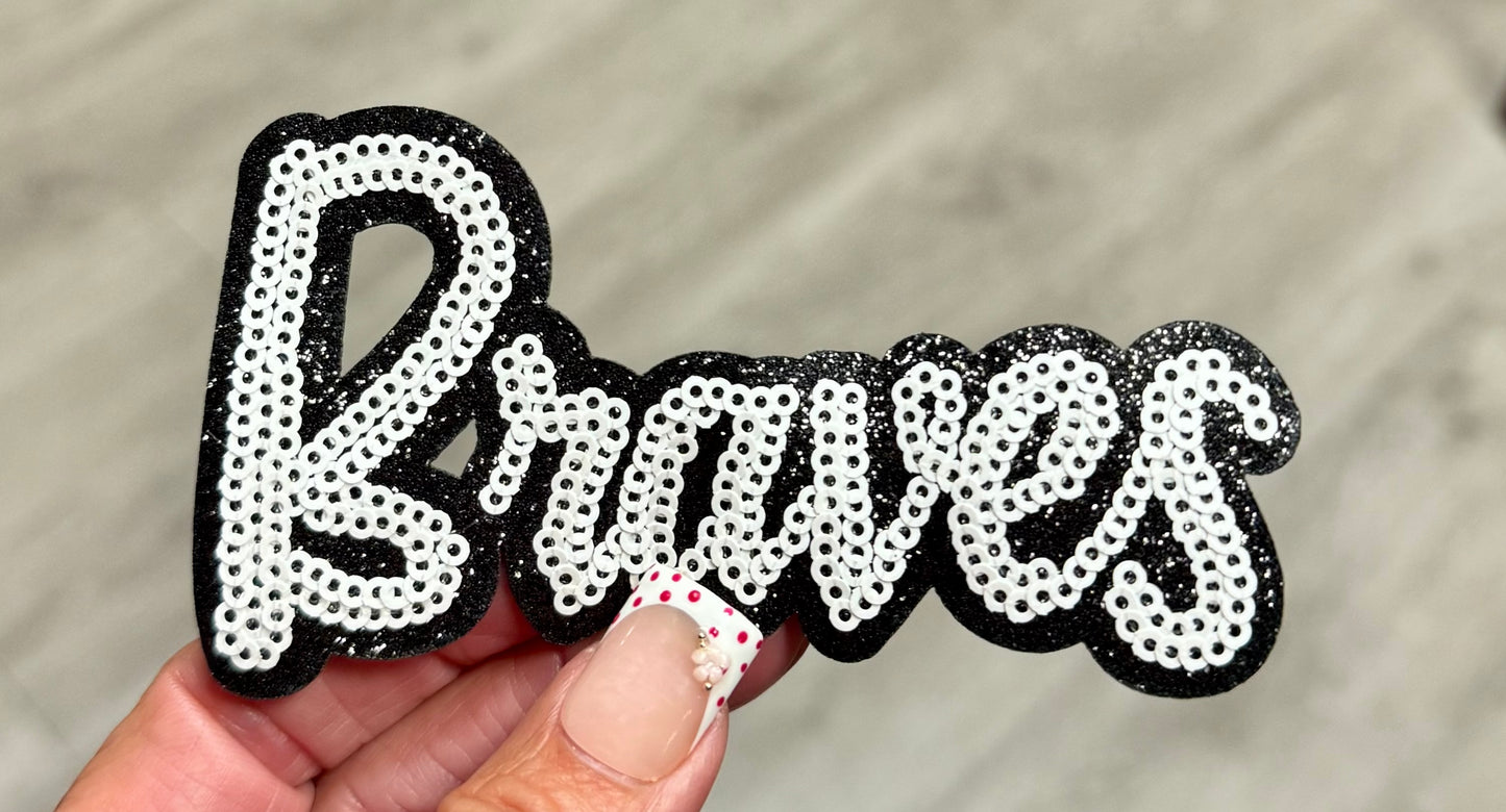 Braves Sequin Patch: Black Glitter Iron-On Applique, 4" Game Day Mascot