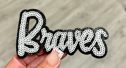Braves Sequin Patch: Black Glitter Iron-On Applique, 4" Game Day Mascot