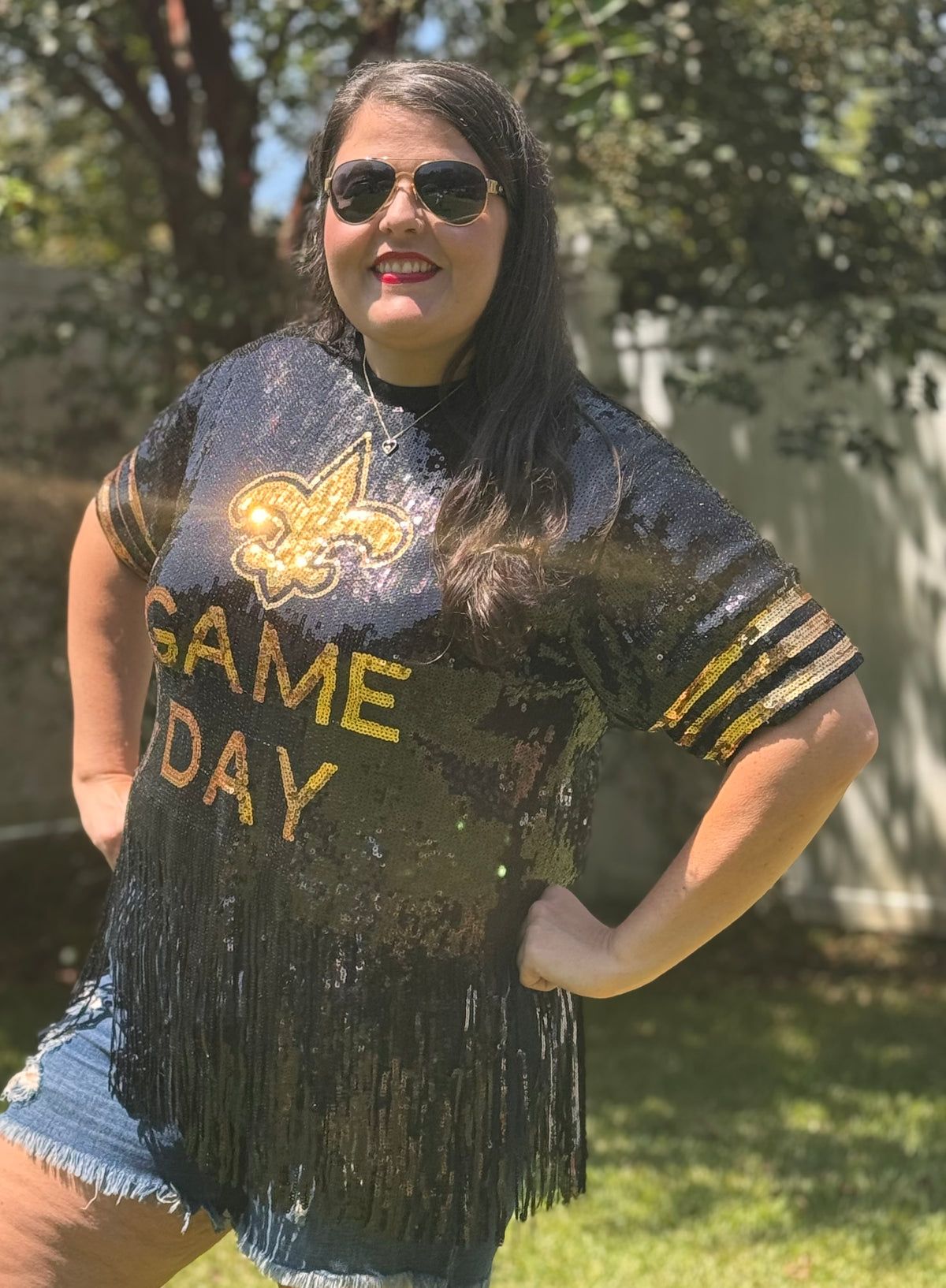 Saints Sequin Top, Plus Size Fleur De Lis Sequin Fringe Jersey Top
