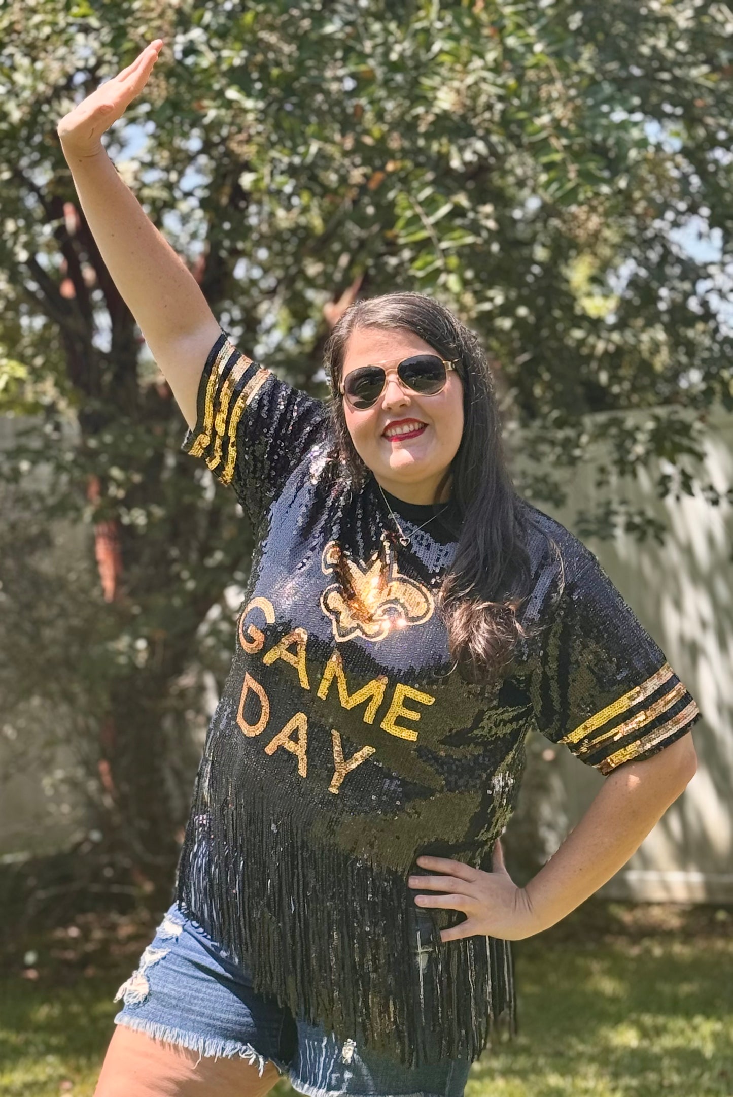 Saints Sequin Top, Plus Size Fleur De Lis Sequin Fringe Jersey Top