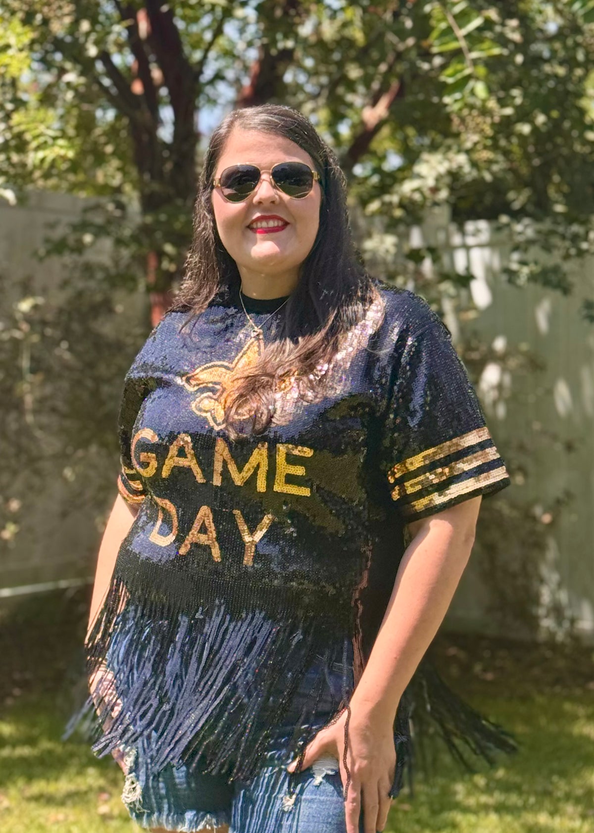 Saints Sequin Top, Plus Size Fleur De Lis Sequin Fringe Jersey Top