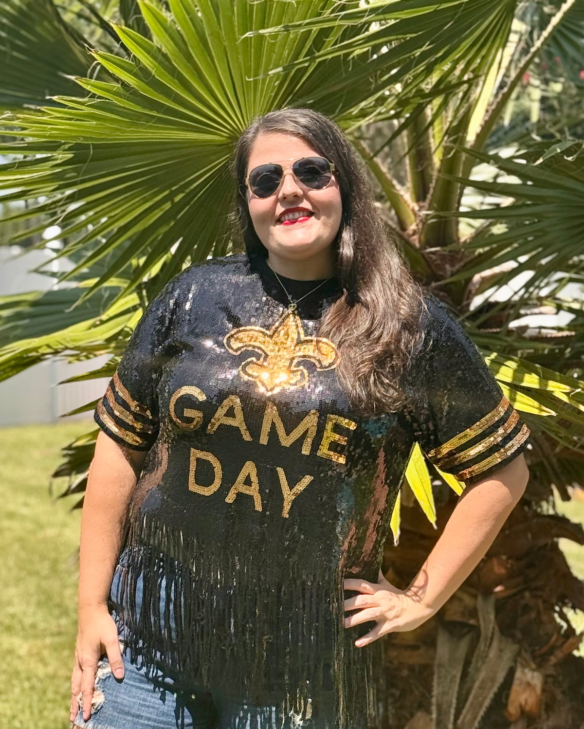 Saints Sequin Top, Plus Size Fleur De Lis Sequin Fringe Jersey Top