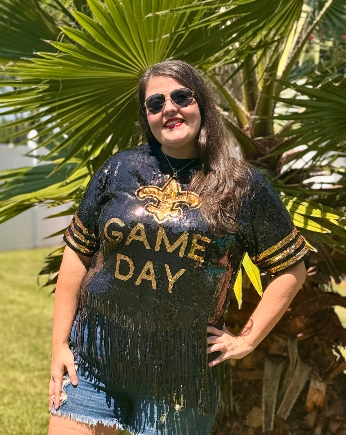 Saints Sequin Top, Plus Size Fleur De Lis Sequin Fringe Jersey Top