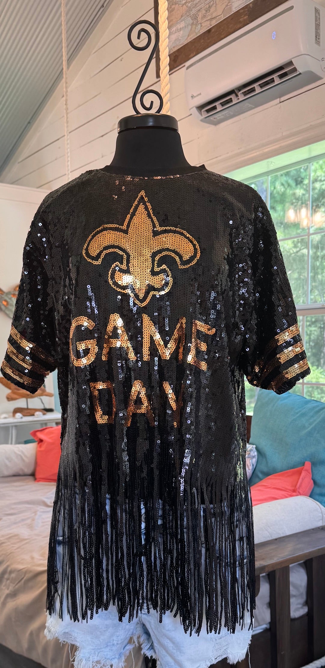 Saints Sequin Top, Plus Size Fleur De Lis Sequin Fringe Jersey Top