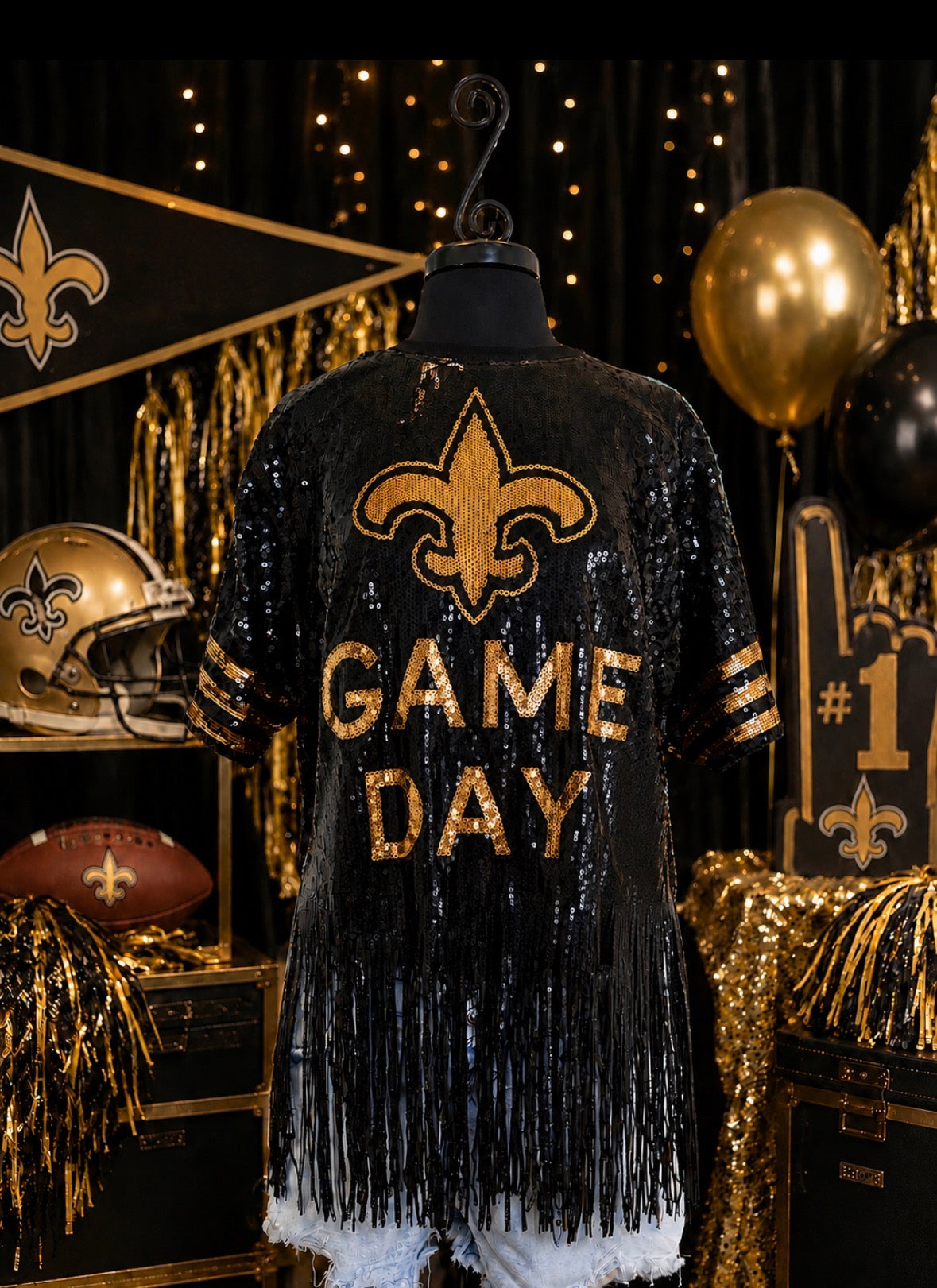 Saints Sequin Top, Plus Size Fleur De Lis Sequin Fringe Jersey Top