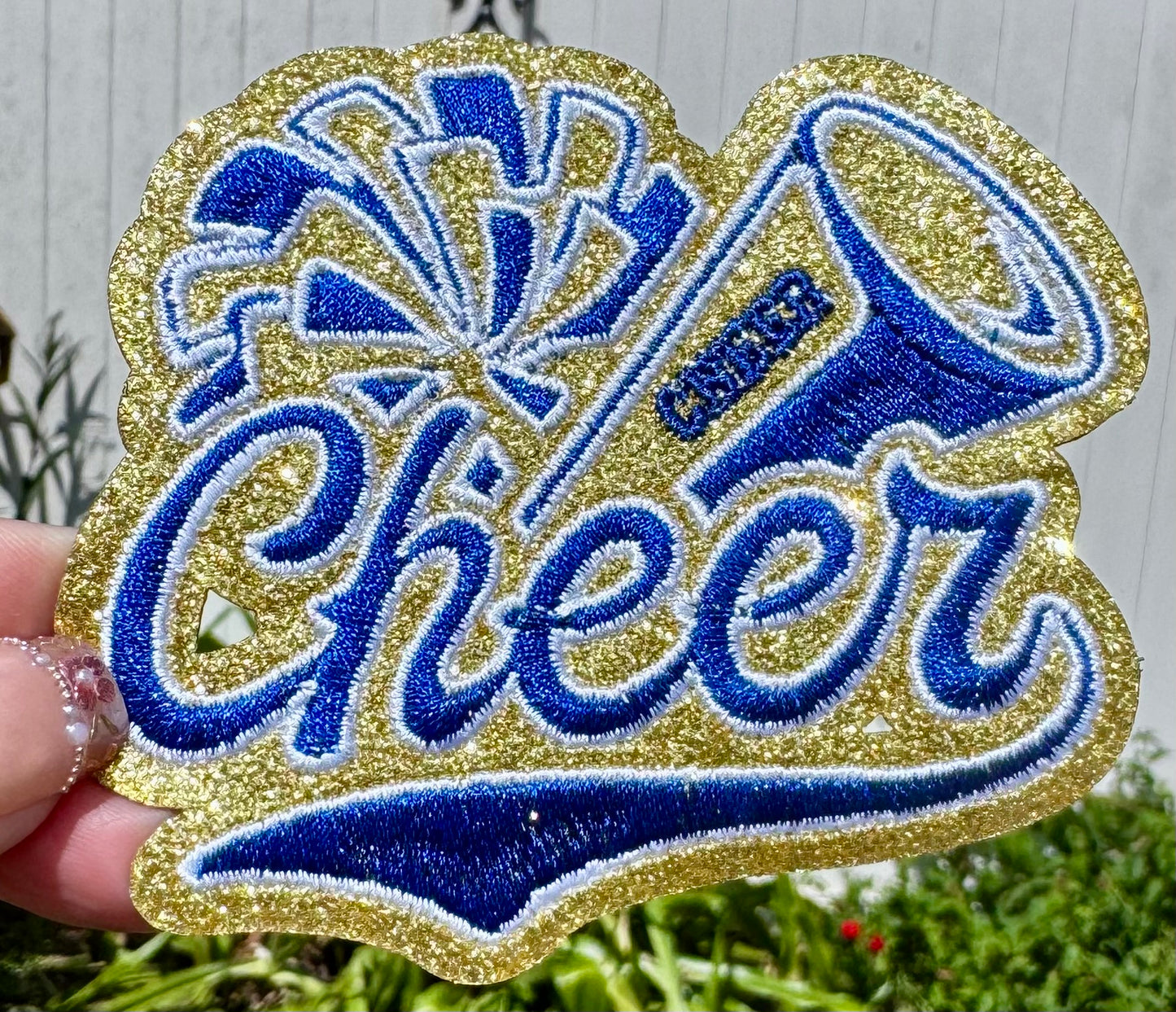 Cheer Embroidered Glitter Patch: Blue and Gold Iron-On DIY Applique (3.5 inch)