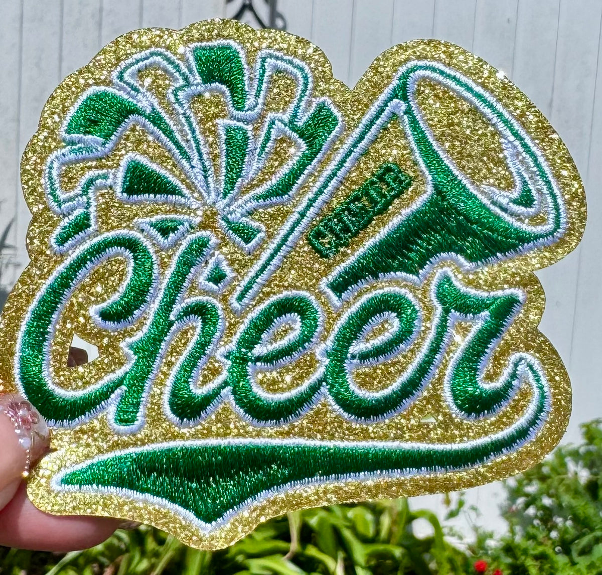 Cheer Embroidered Glitter Patch: Green and Gold Iron-On DIY Applique (3.5 inch)