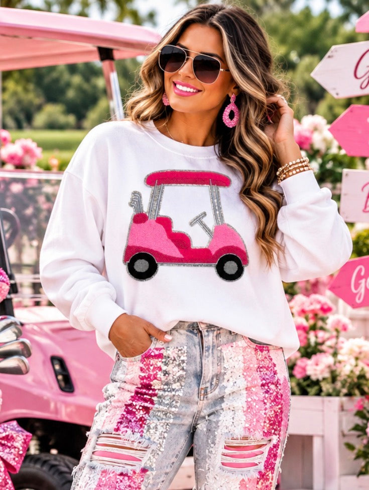 Golf Cart Chenille Patch, Silver glitter Backing, DIY iron on Applique