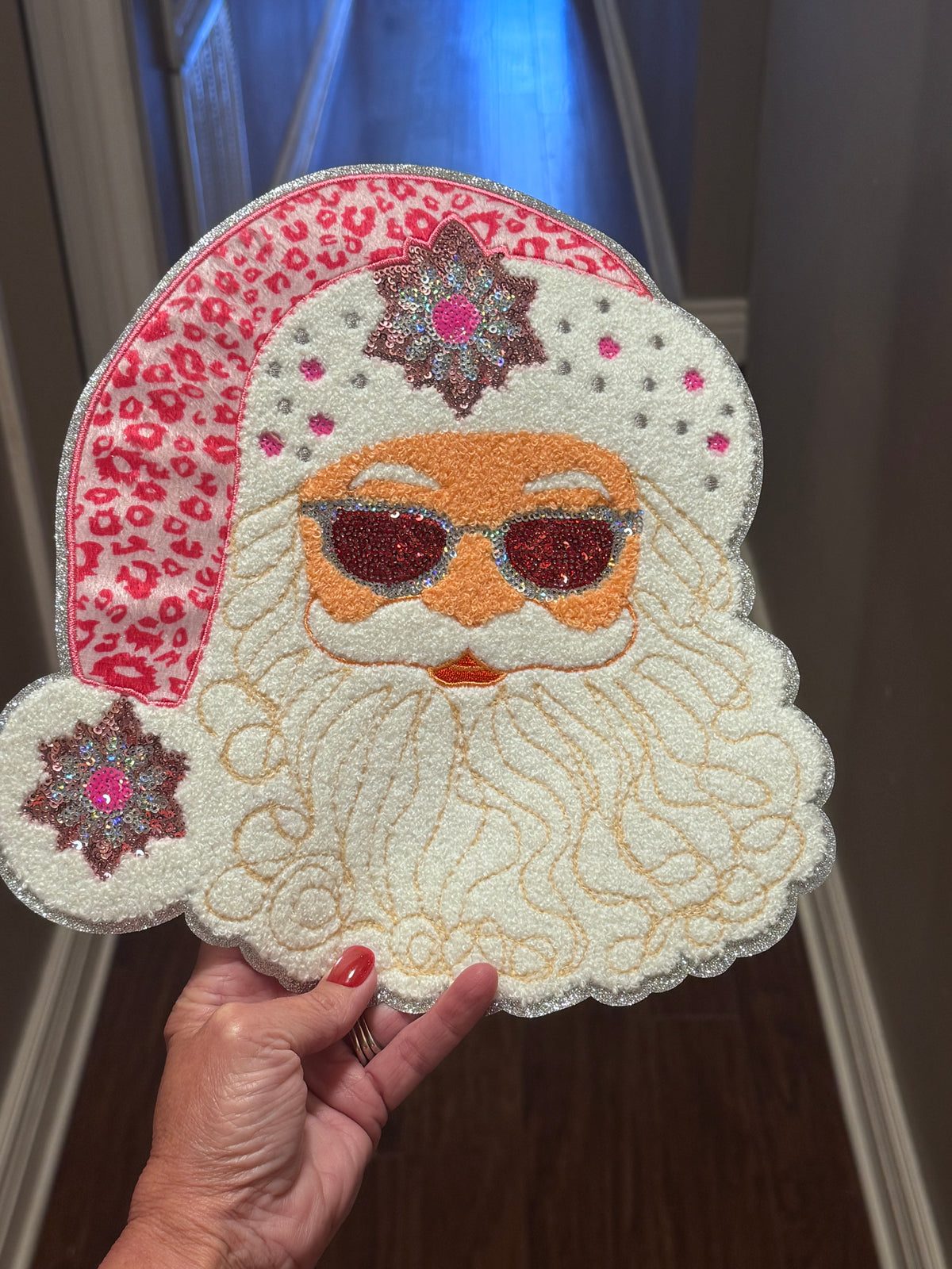Sequin Santa Leopard Chenille Glamour Patch: Pink Christmas Iron-On Applique