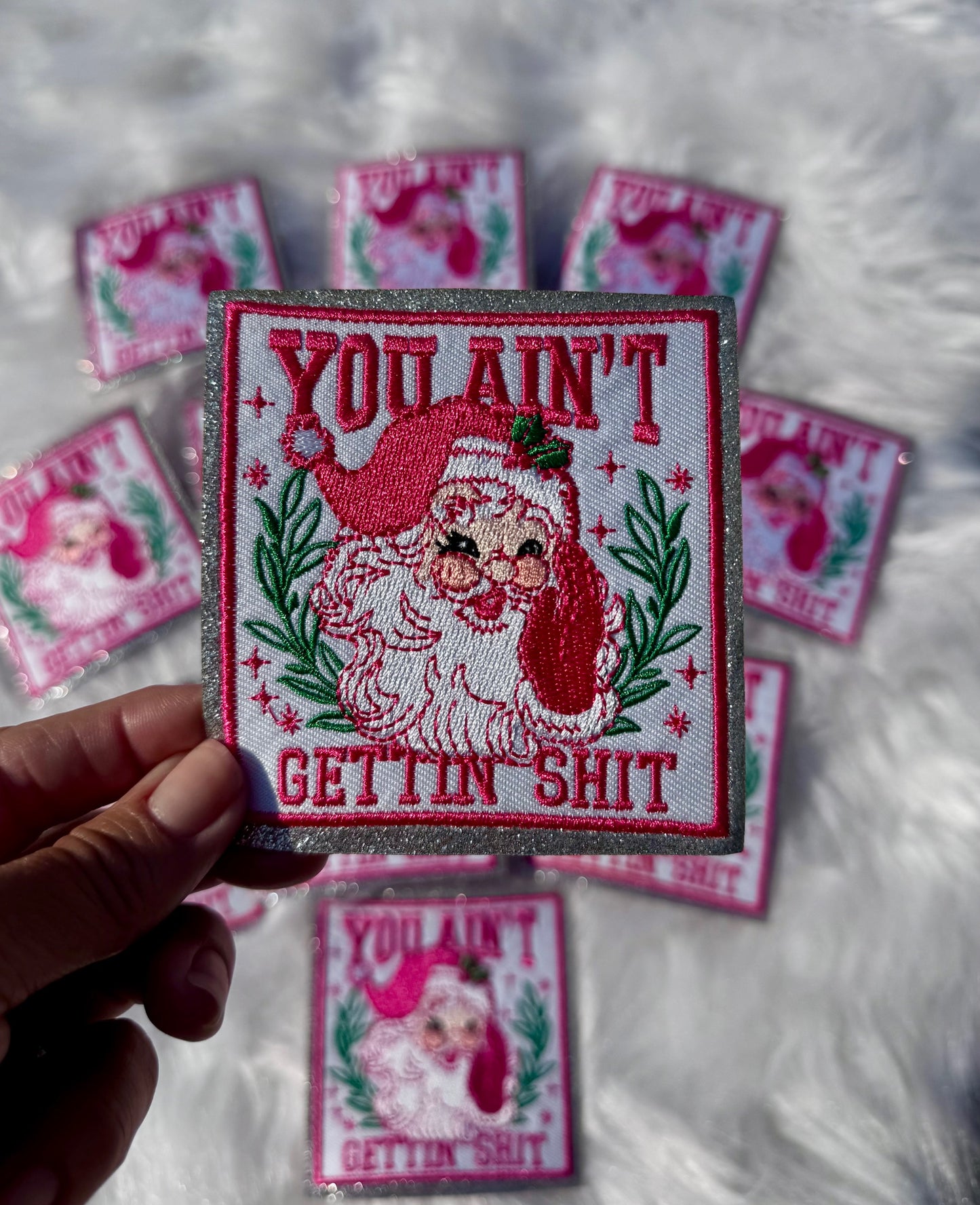 Embroidered Santa Patch: You Ain't Getting Sh*t, Iron-On Christmas Trucker Hat Patch