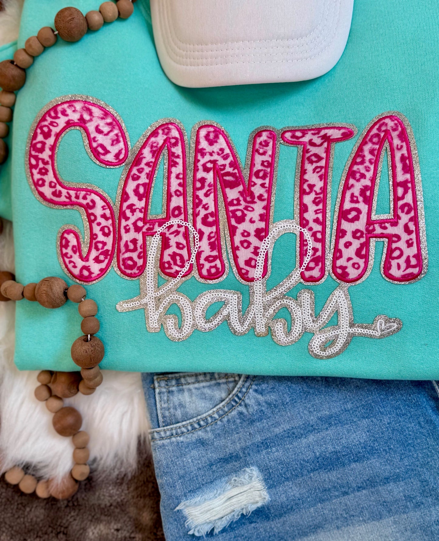 Santa Baby Pink Leopard Chenille and Sequin Iron on Patch, Silver glitter backing, Christmas Patch