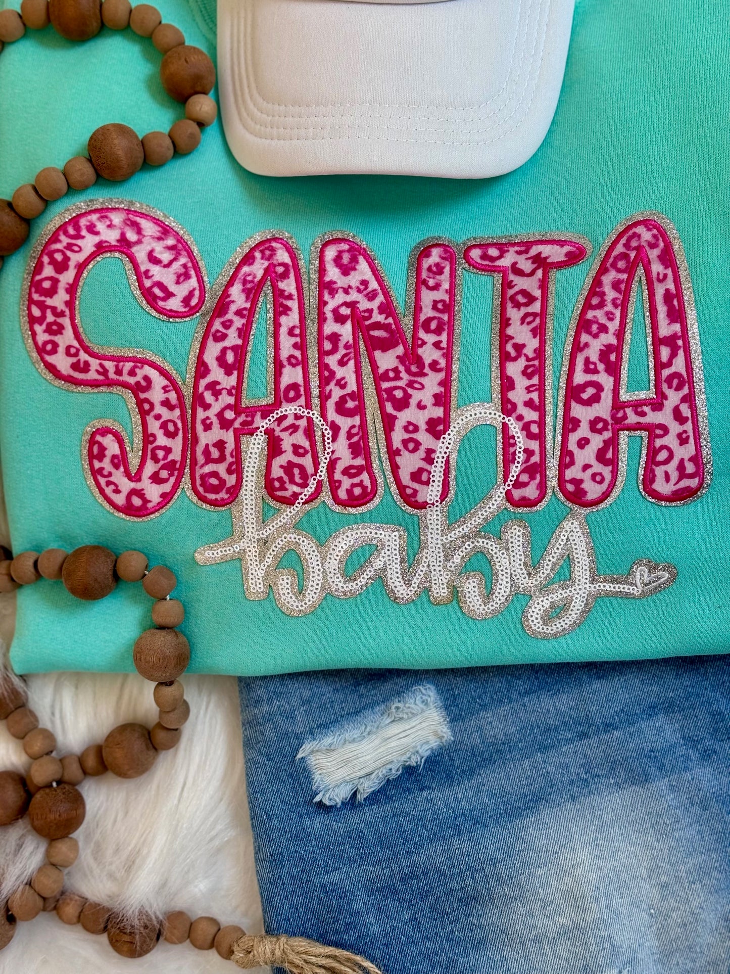 Santa Baby Pink Leopard Chenille and Sequin Iron on Patch, Silver glitter backing, Christmas Patch