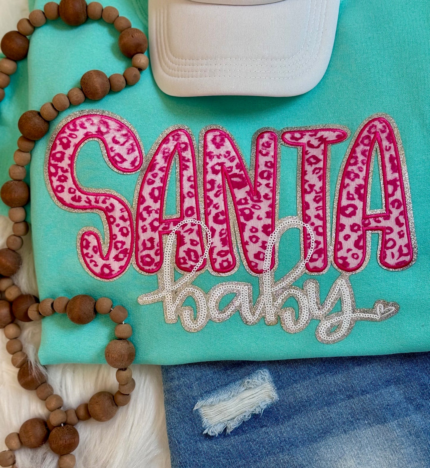 Santa Baby Pink Leopard Chenille and Sequin Iron on Patch, Silver glitter backing, Christmas Patch