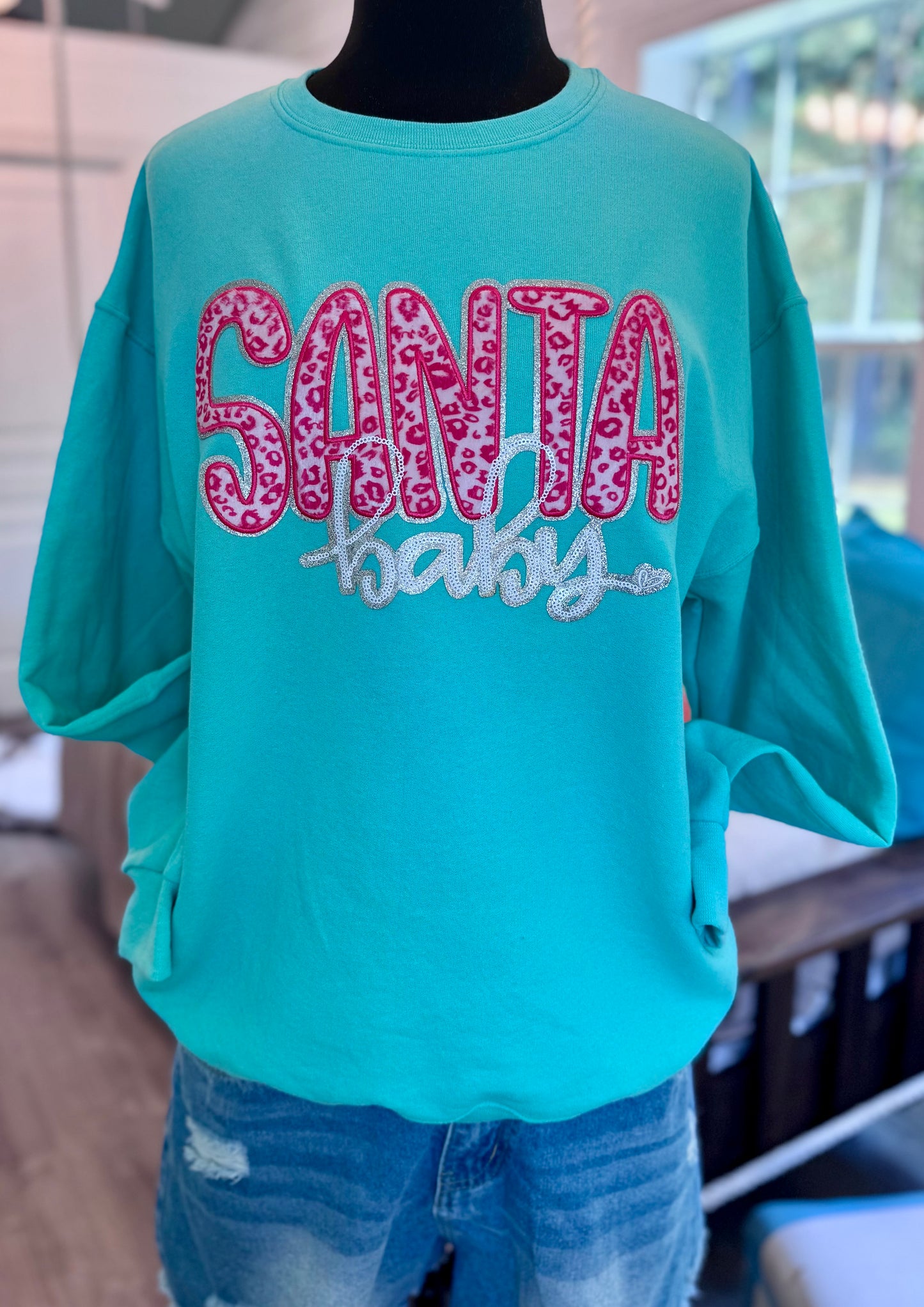 Santa Baby Pink Leopard Chenille and Sequin Iron on Patch, Silver glitter backing, Christmas Patch