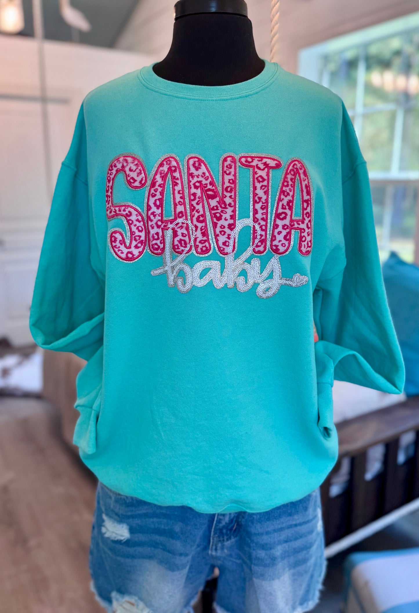 Santa Baby Pink Leopard Chenille and Sequin Iron on Patch, Silver glitter backing, Christmas Patch