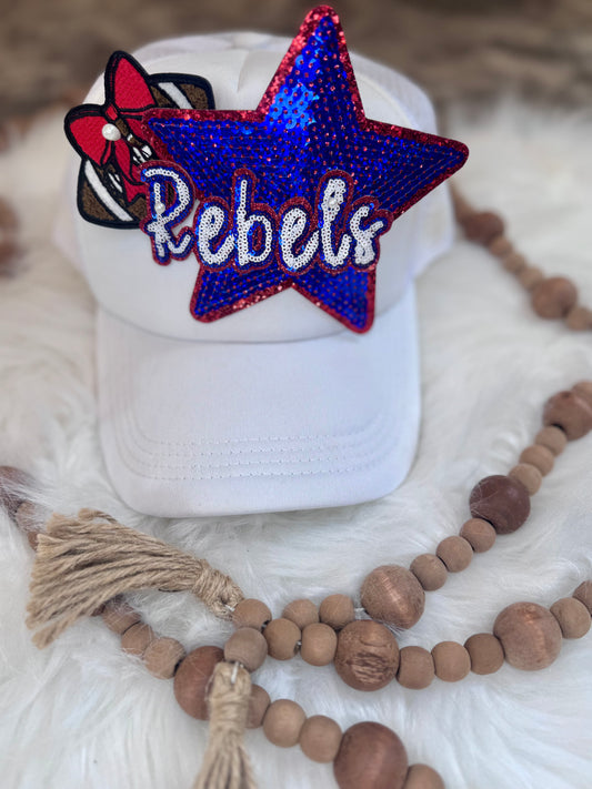 Rebels Sequin Iron On Patch: 4" Hat Patch, Red Glitter Game Day Mascot