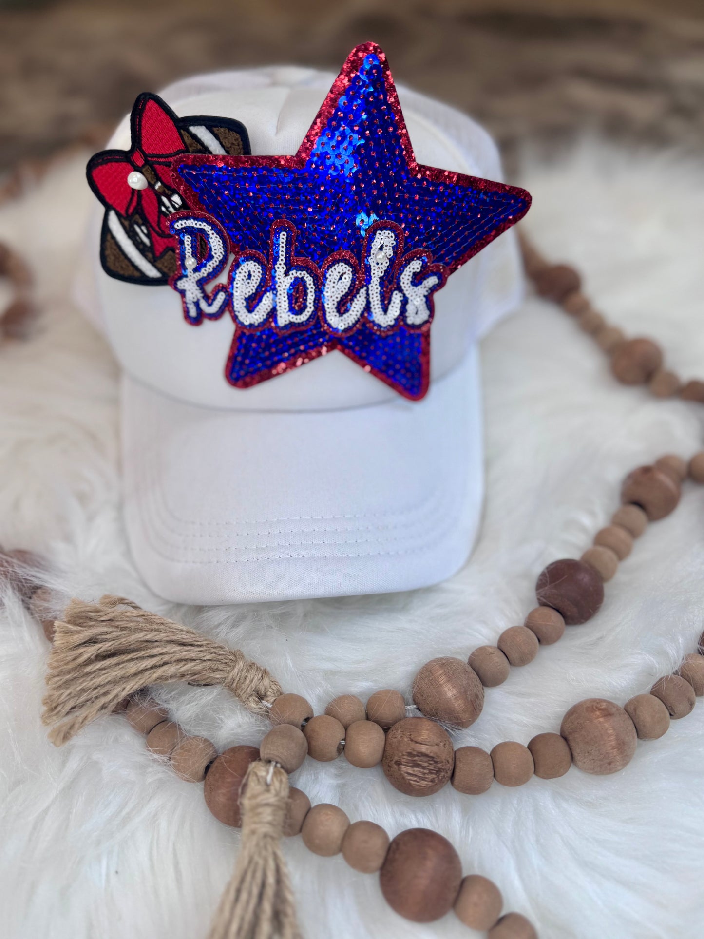 Rebels Sequin Iron On Patch: 4" Hat Patch, Red Glitter Game Day Mascot
