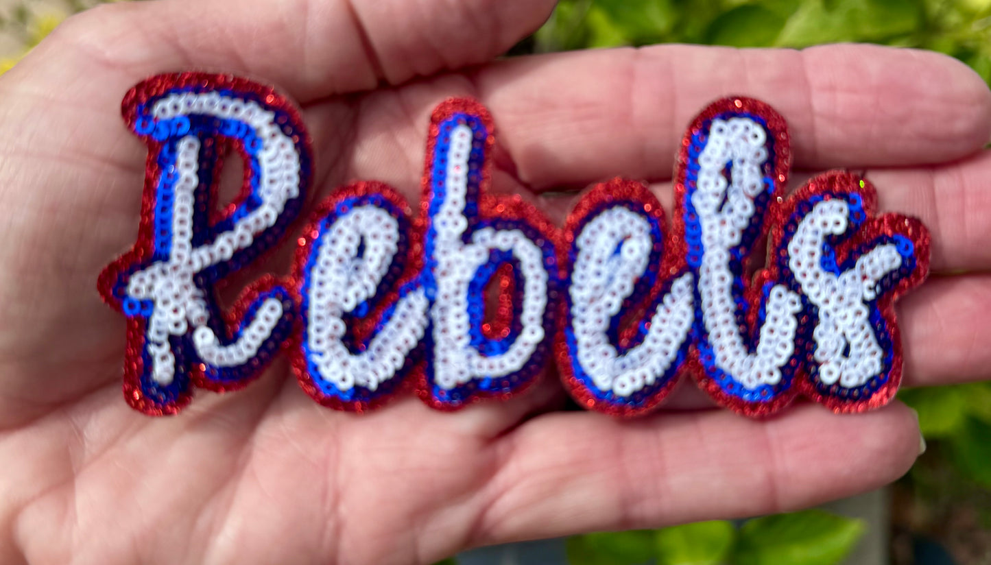 Rebels Sequin Iron On Patch: 4" Hat Patch, Red Glitter Game Day Mascot