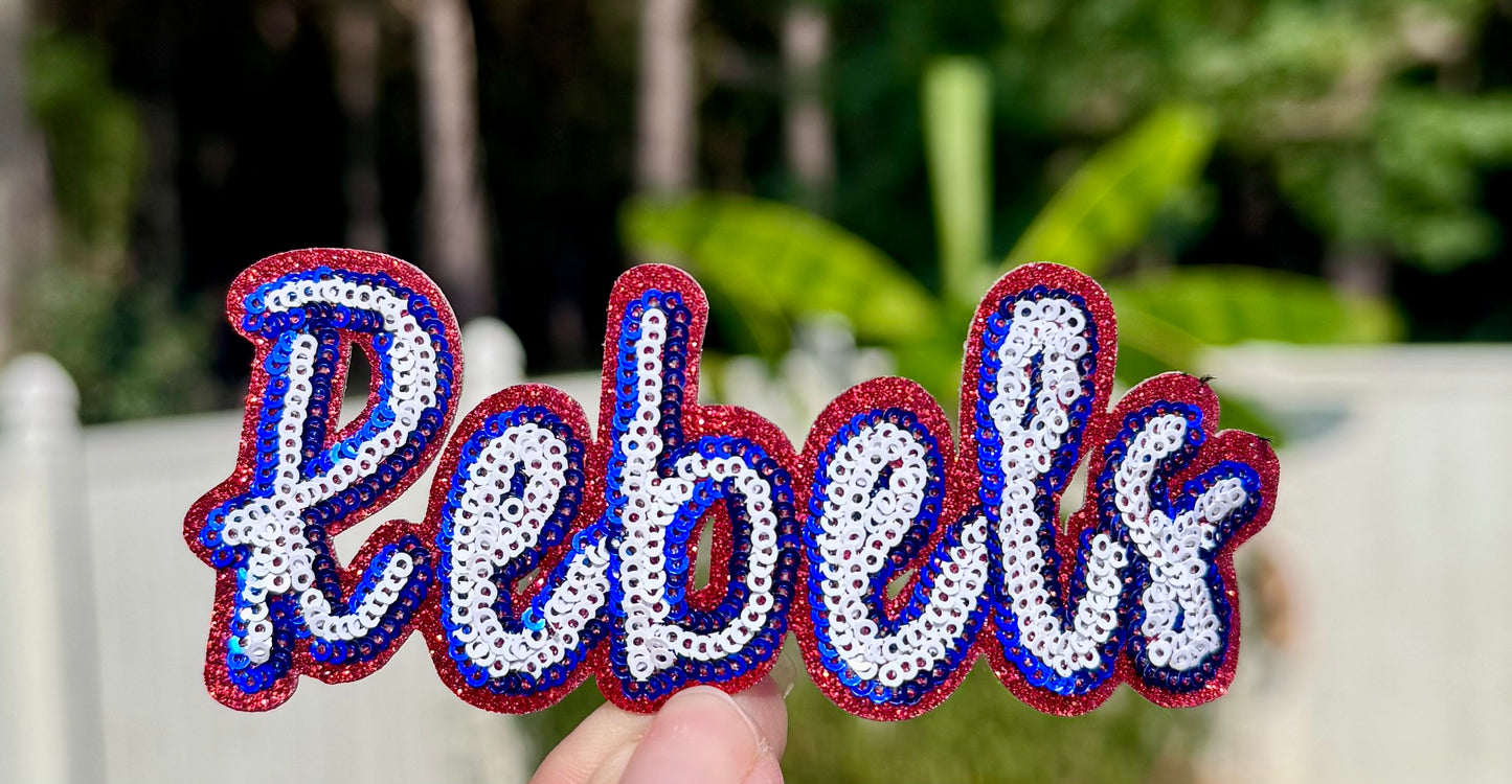 Rebels Sequin Iron On Patch: 4" Hat Patch, Red Glitter Game Day Mascot