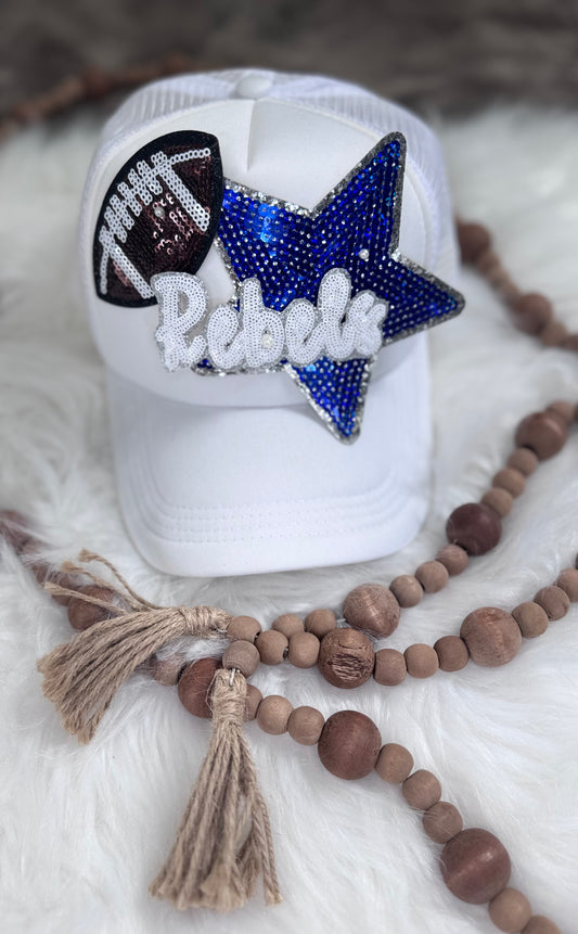 Rebels Sequin Iron On Patch: 4" Hat Patch, Silver Glitter Game Day Mascot