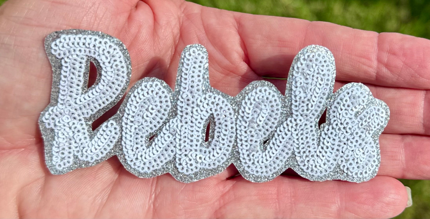 Rebels Sequin Iron On Patch: 4" Hat Patch, Silver Glitter Game Day Mascot