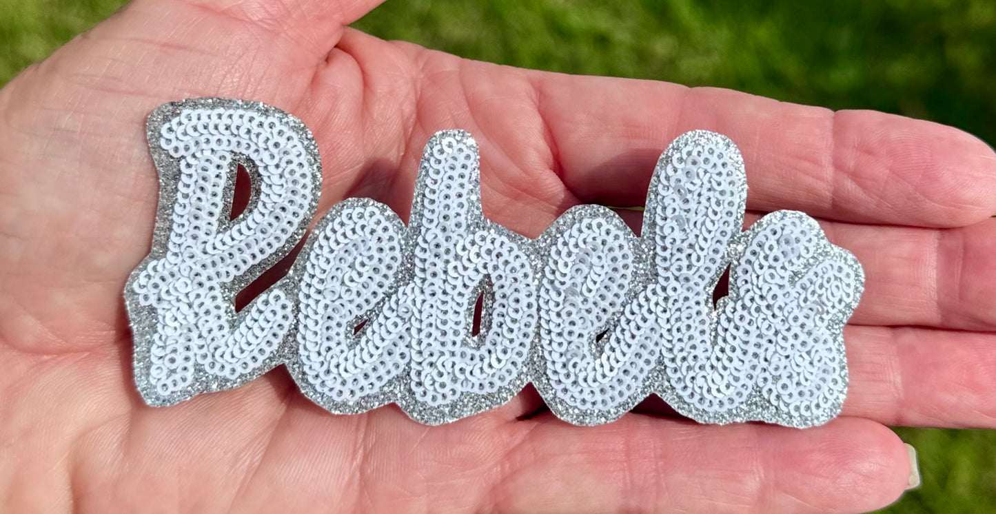 Rebels Sequin Iron On Patch: 4" Hat Patch, Silver Glitter Game Day Mascot