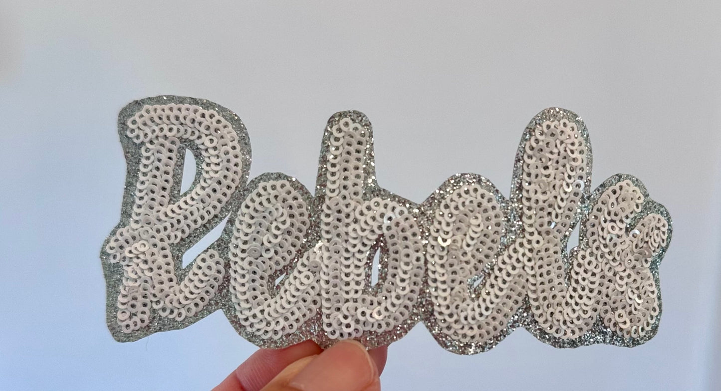 Rebels Sequin Iron On Patch: 4" Hat Patch, Silver Glitter Game Day Mascot