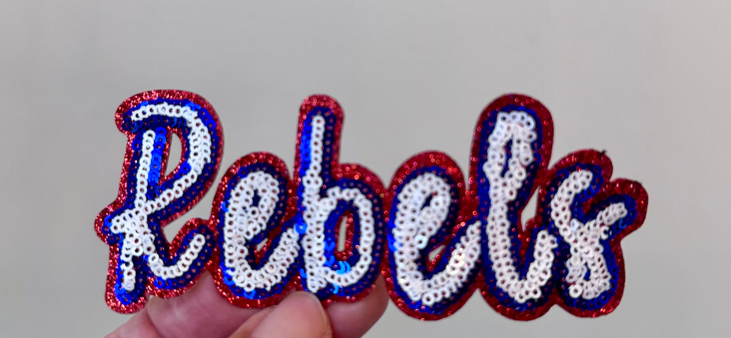 Rebels Sequin Iron On Patch: 4" Hat Patch, Red Glitter Game Day Mascot