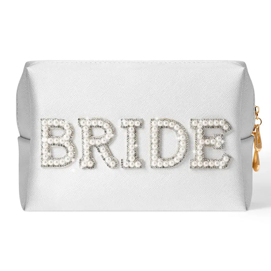 Personalized Bride Nylon LARGE Cosmetic Bag | Pearl Letter Patch Makeup Bag, Customized Travel Bag, Bridesmaids Gifts, Bride Gift