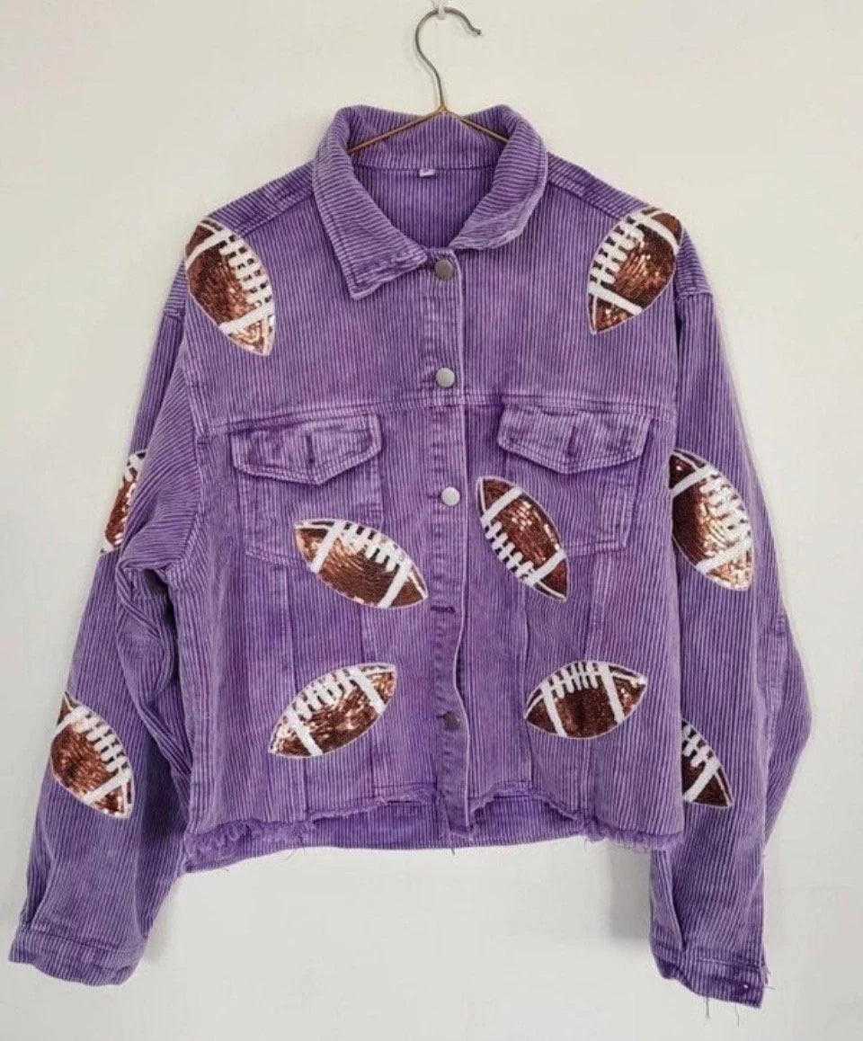 Game day Football Sequined Purple Corduroy Jacket, Corduroy Jacket, Retro Turn-down Collar, Football Sequined,