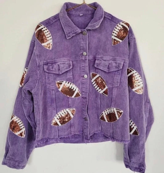 Game day Football Sequined Purple Corduroy Jacket, Corduroy Jacket, Retro Turn-down Collar, Football Sequined,