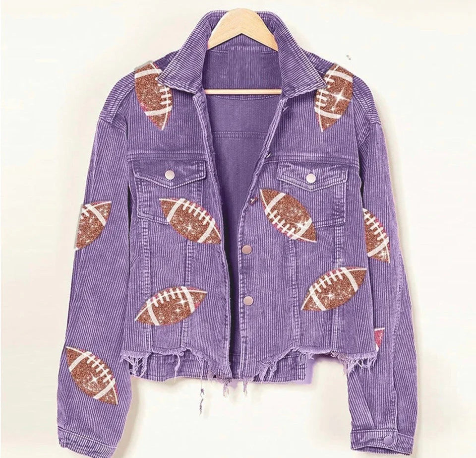 Game day Football Sequined Purple Corduroy Jacket, Corduroy Jacket, Retro Turn-down Collar, Football Sequined,