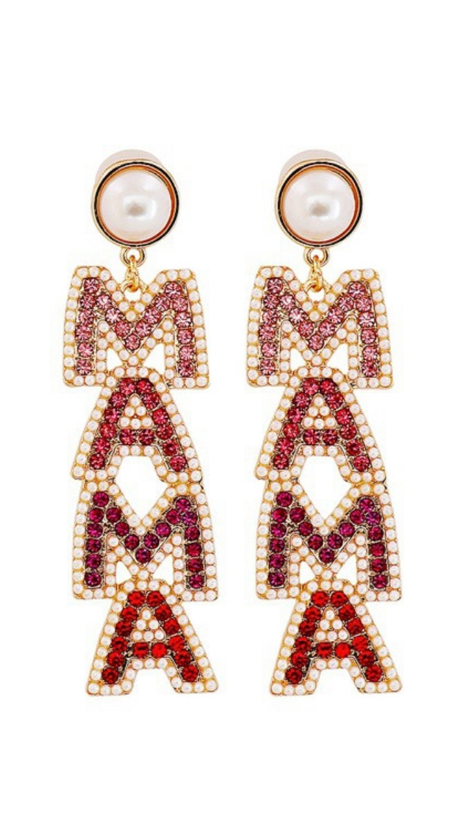 Red elegant Mama diamond- encrusted drop ear rings; jewelry