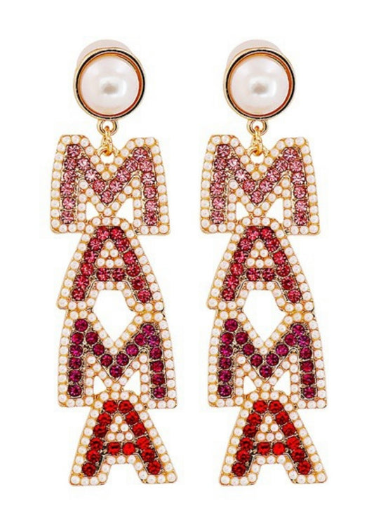 Red elegant Mama diamond- encrusted drop ear rings; jewelry