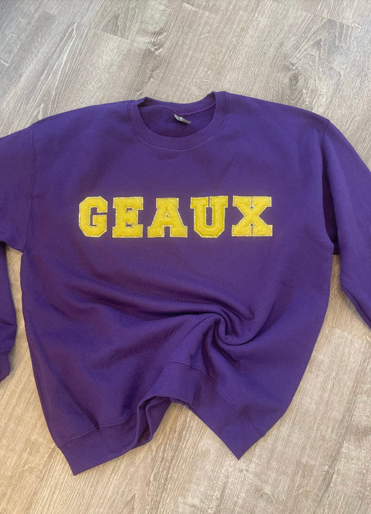 Geaux Unisex Sweatshirt, Varsity Chenille Patch LSU Tigers/ Game Day