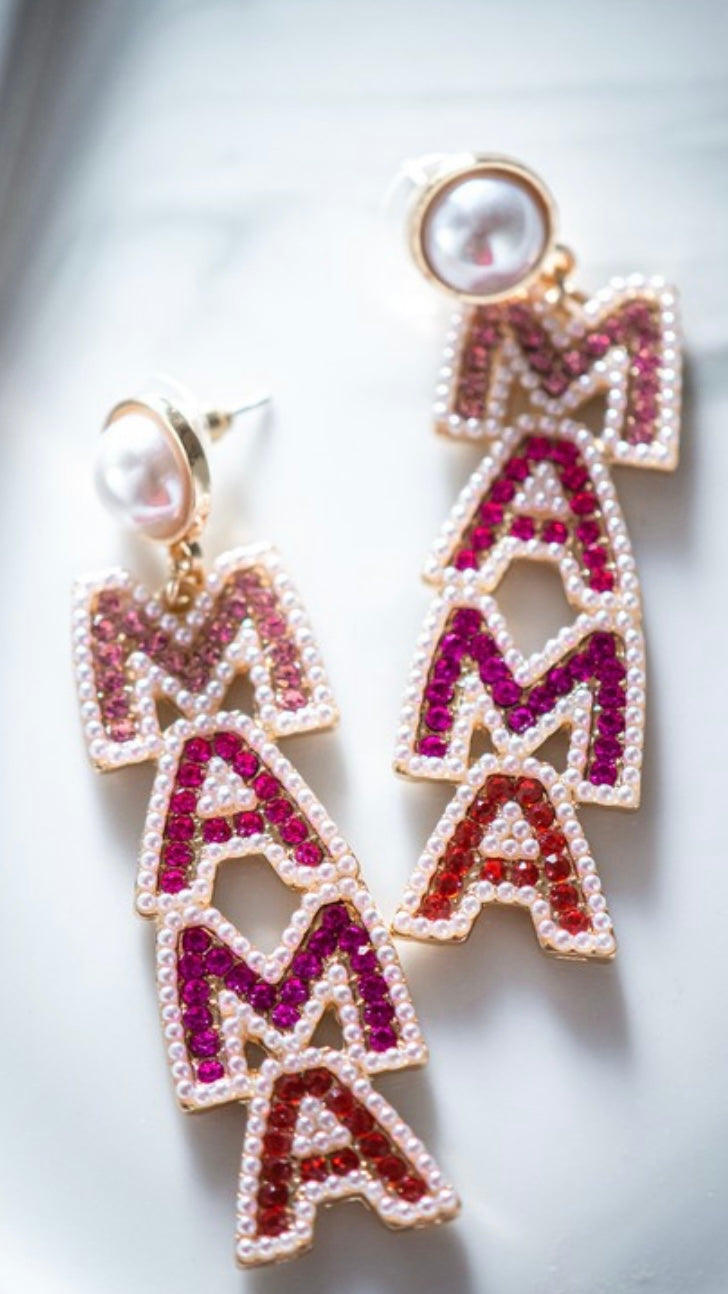 Red elegant Mama diamond- encrusted drop ear rings; jewelry