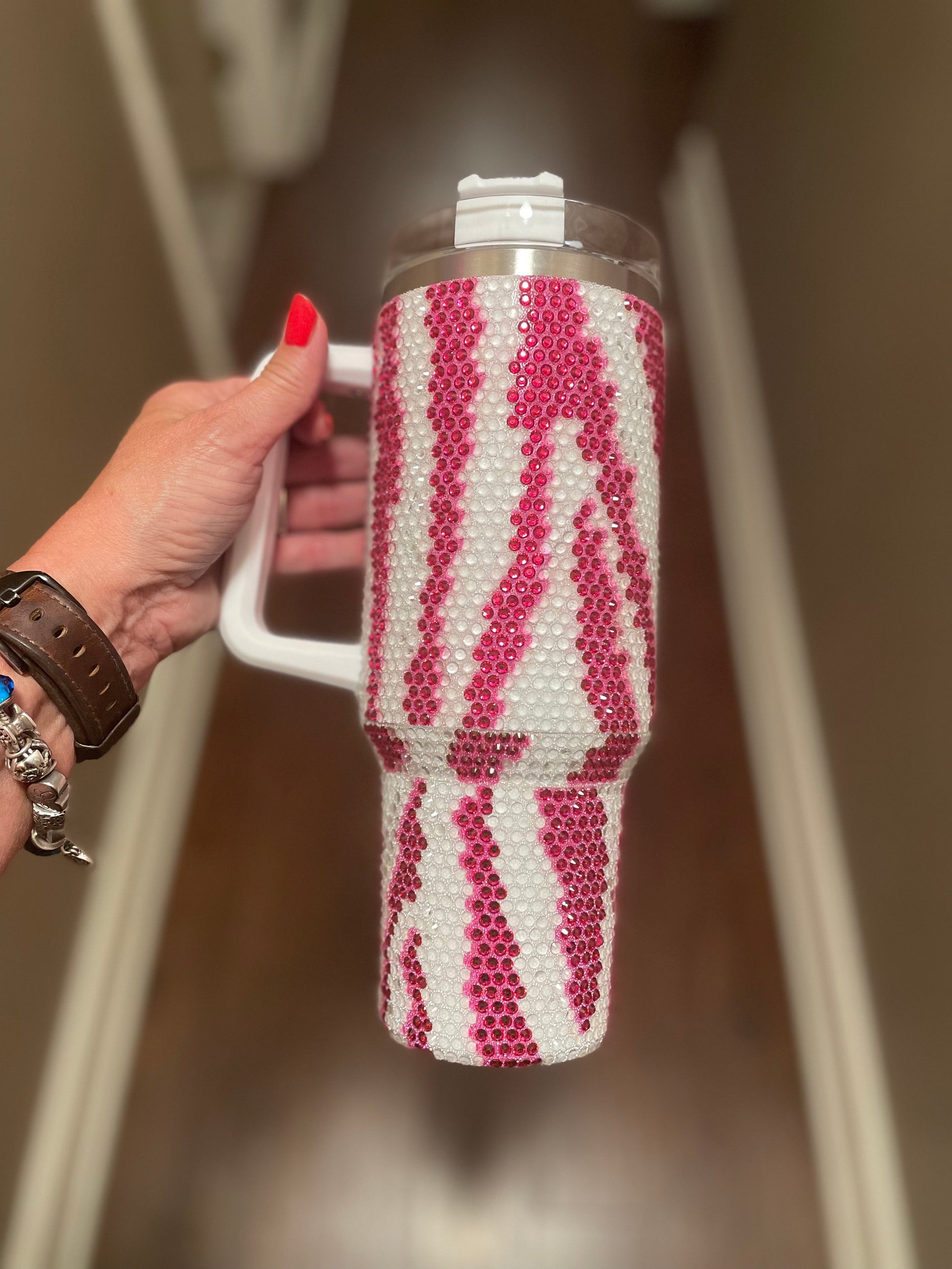 Pink 40oz Rhinestone Tumbler, Pink Cow Print