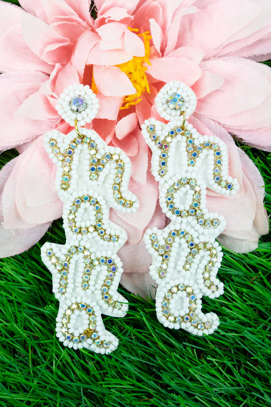 WHITE SEED BEAD AND CRYSTAL 'MAMA' EARRINGS/JEWELRY