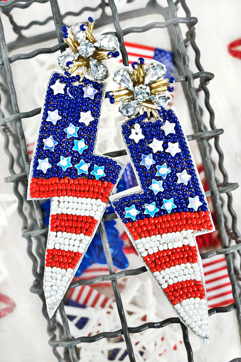 BEJEWELED PATRIOTIC LIGHTNING BOLT SEED BEAD EARRINGS/JEWELRY