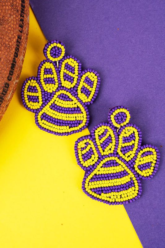 BIG YELLOW AND PURPLE PAW SEED BEAD EARRINGS/GAME DAY