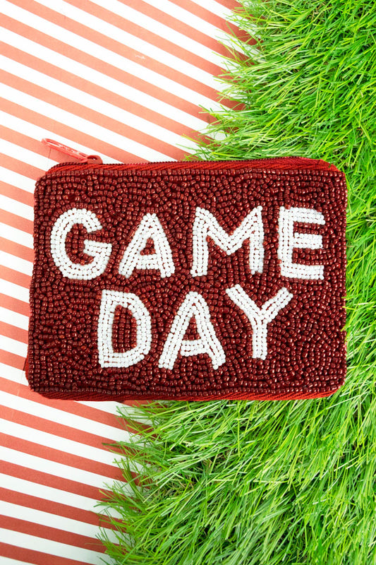 Maroon and White Seed Bead Game Day Coin Purse/Bag