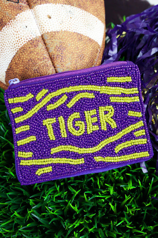 Purple and Gold "Tiger" Seed Bead Coin Purse/Bag/GAME DAY, LSU , Tigers