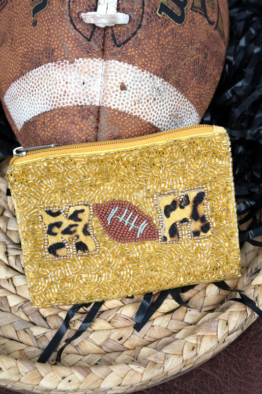 Gold Leopard Football "MOM" Seed Bead Coin Purse/Bag/GAMEDAY