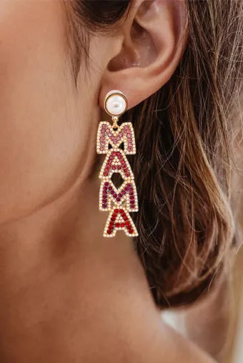 Red elegant Mama diamond- encrusted drop ear rings; jewelry