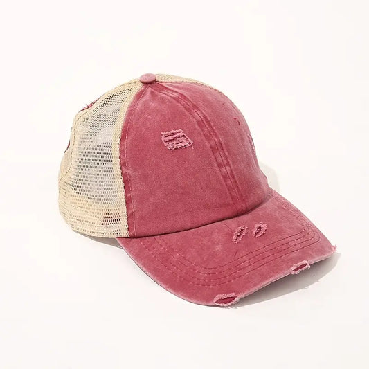 DISTRESSED RED PONYTAIL HAT