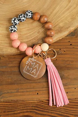 Wood bead keychain with tassel wristlet