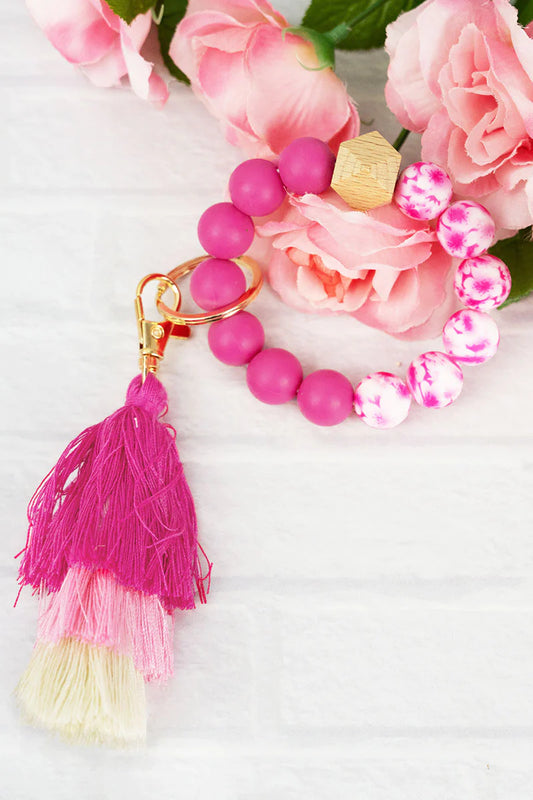 Hot Pink Ombre Silicone Beads with Tassels Wristlet