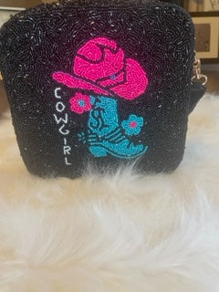 Cowgirl boot & Hat Seed Beaded Cross Body Bag